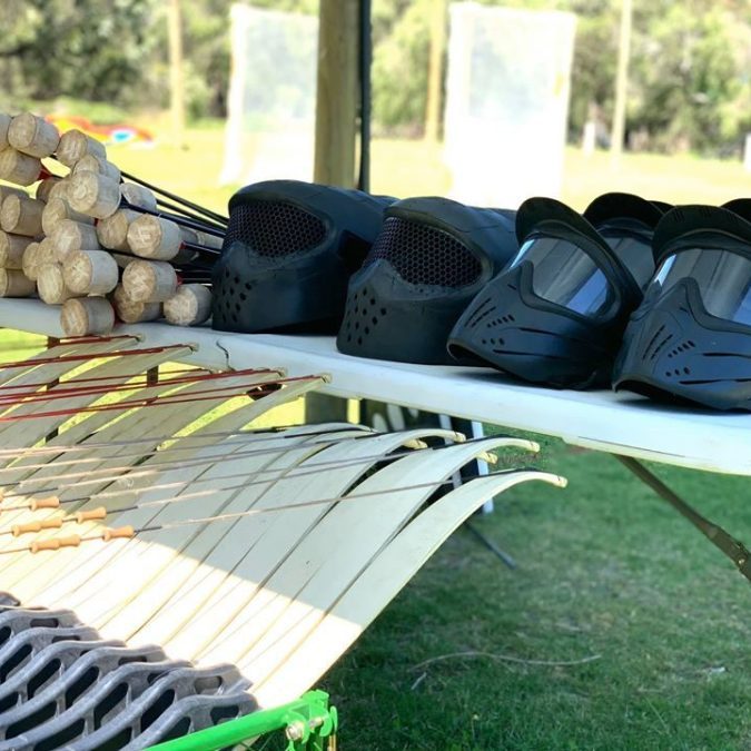 Archery Tag helmets and bows