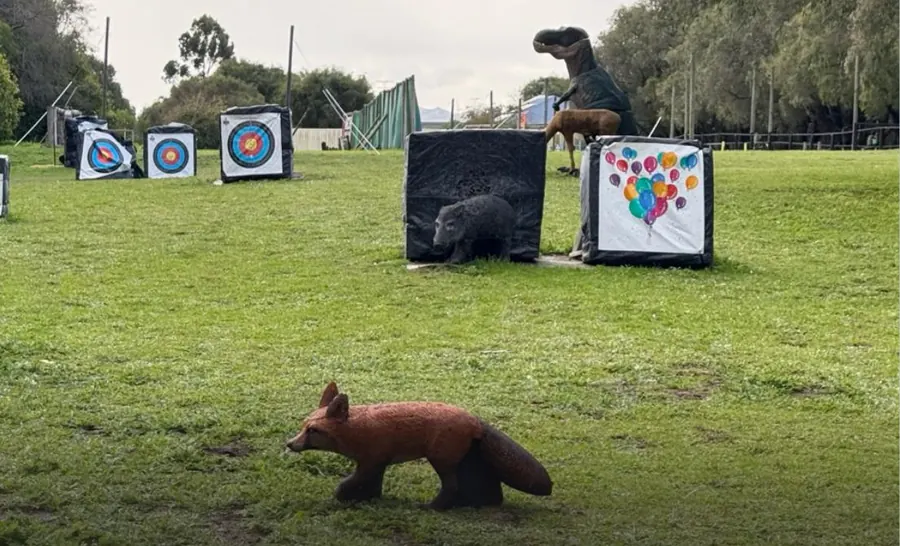 3D animal targets and standard bosses spread across the grass on the Hunting Grounds