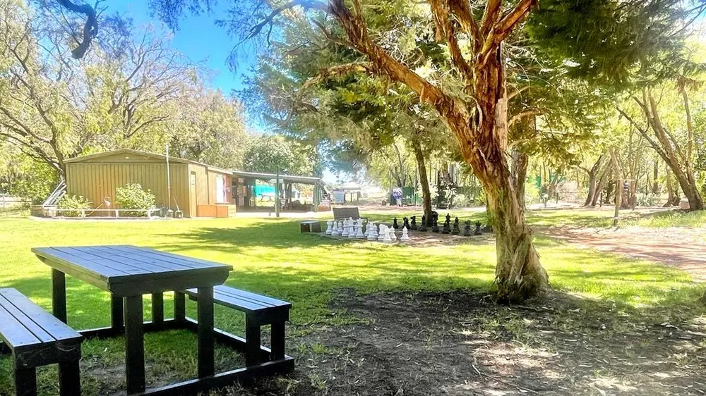 A picnic table in the shade of a tree beside the giant chess set on the lawn